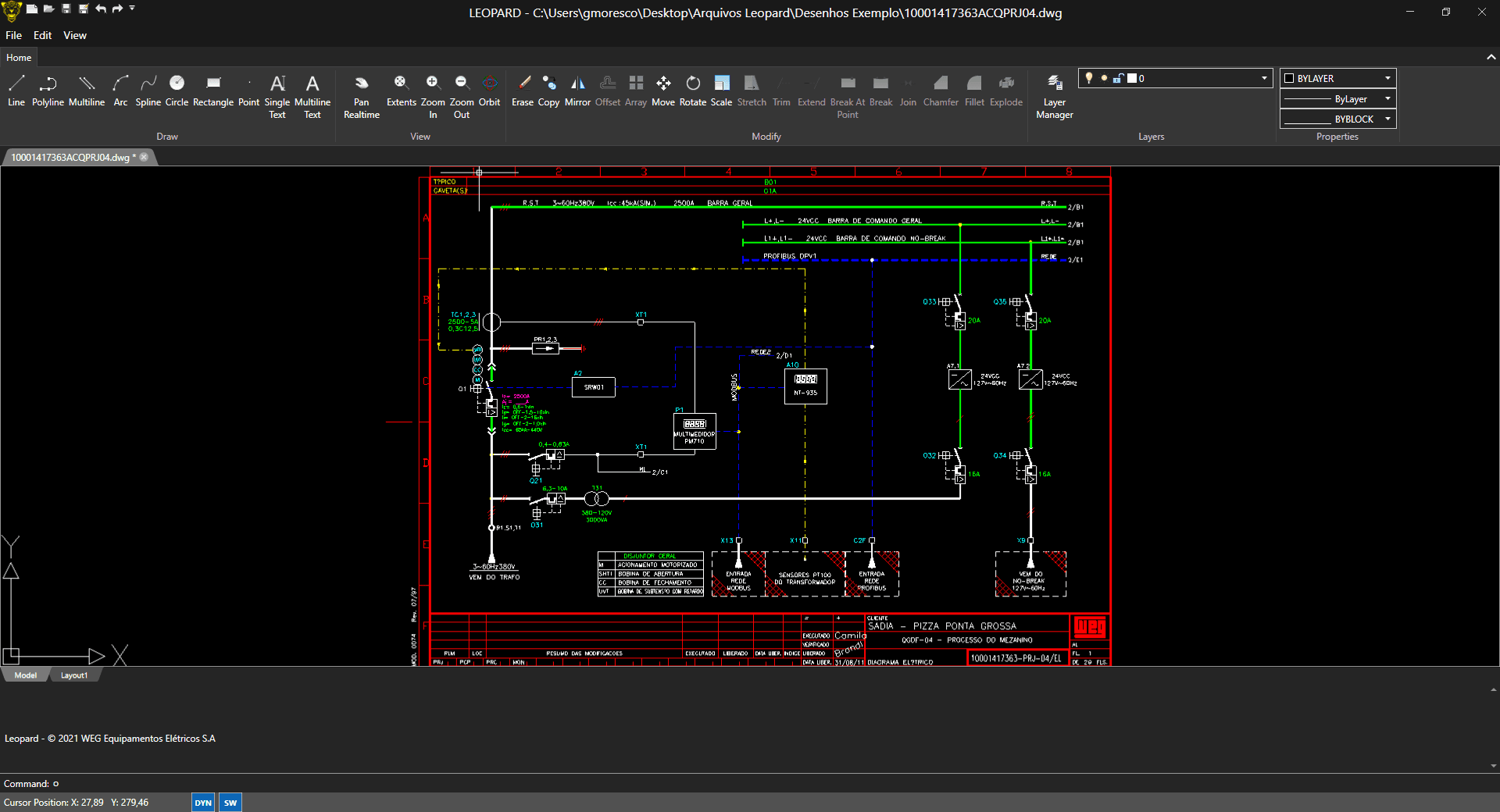 Screenshot of the Leopard CAD software showing an electrical panel diagram